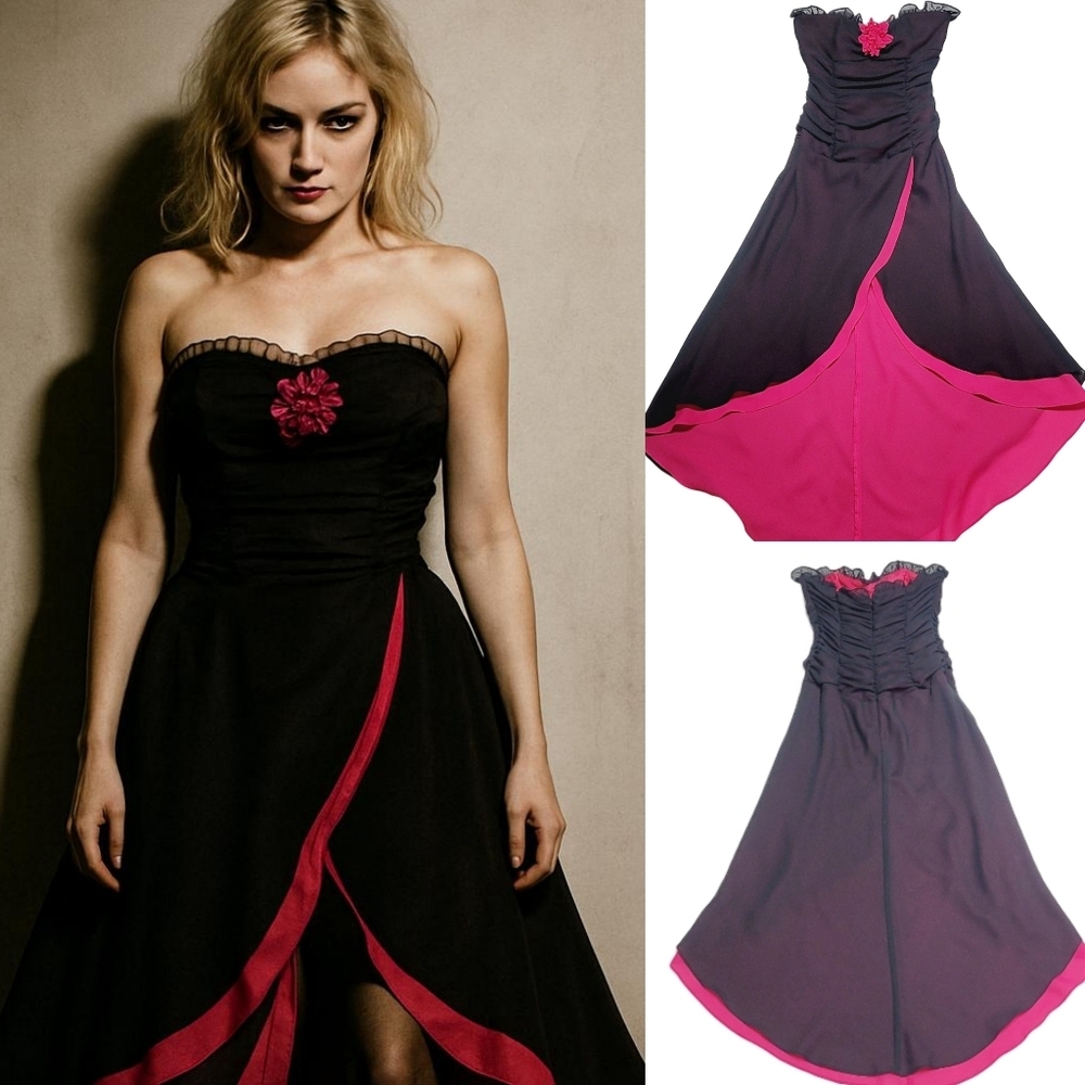 Vintage Zum Zum MCR Black Pink Chiffon Ruffle Sweetheart Neckline Hi-low Dress 6